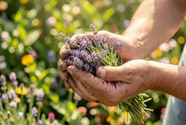 Hands gently holding fresh lavender and rosemary, with a soft, sunlit garden background