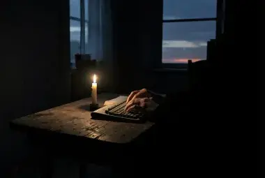 Hands writing in journal illuminated by single candle in dark room, faint dawn visible