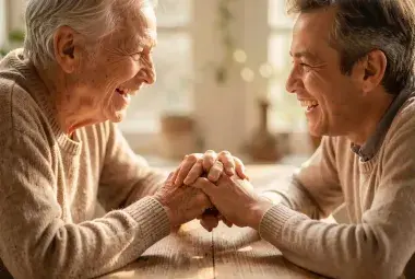 Intimate, warm photograph of two people of different generations sharing a genuine, undistracted moment of connection and laughter, symbolizing the return to real, unfiltered human presence