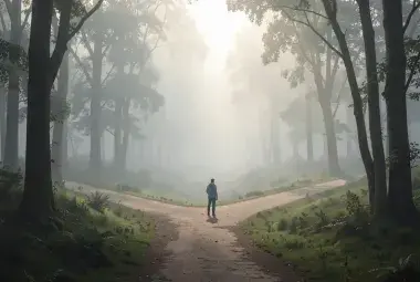 Person standing at a fork in a misty forest path, looking toward multiple directions