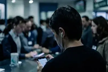 Person standing in line wearing earbuds and looking at a phone, with the people around them blurred, symbolizing modern disconnection and feeling invisible in public spaces