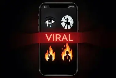 Smartphone screen displaying viral icons replaced by symbols of shame, a broken mirror, and a flame, representing the digital age's trade of dignity for attention