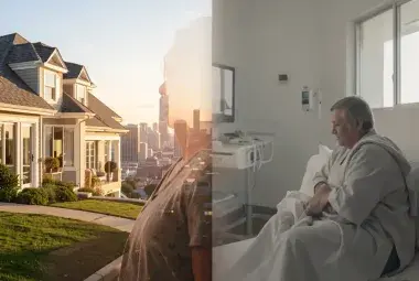 Split image showing a prosperous city view on one side and a quiet hospital room on the other, blending in the middle