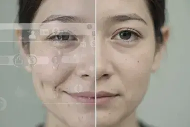 Split portrait of a person's face, one side with a faint forced smile and digital icons, the other side calm and, representing the contrast between performed happiness and inner truth