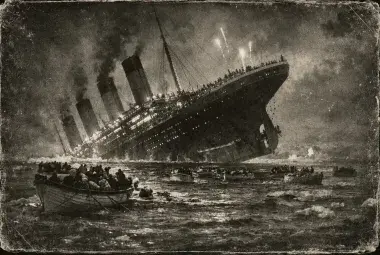 Titanic sinking in the Atlantic Ocean with lifeboats escaping into the darkness