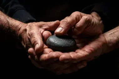 Two hands clasping with a weighty stone, symbolizing the heavy responsibility and integrity of keeping a commitment.