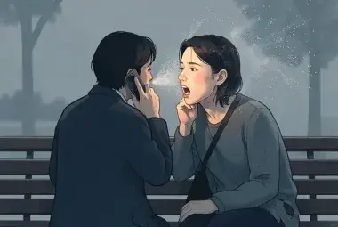 Two people sitting closely, one facing away speaking into a phone, the other's words dissolving into static before reaching them, symbolizing the modern paradox of wanting to be heard but not listened to