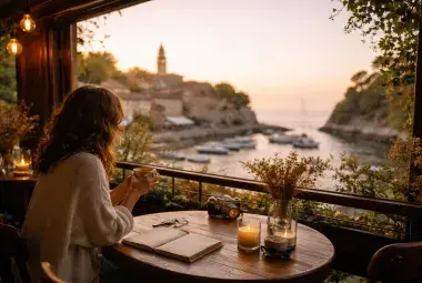 woman by the seaside cafe
