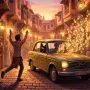 A person chasing a vintage taxi through a golden Marrakech medina at dusk, with luminous musical notes flowing from the window, symbolizing a spontaneous encounter that leads to love, fame, and a life-changing story