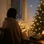 A person sitting quietly by a warm Christmas tree, looking out at a winter night, symbolizing the sacred pause, reflection, and quiet strength of the season.