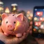 Cracked piggy bank with city lights and social media background representing childhood beliefs about money versus adult reality of power