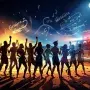 Dynamic illustration of a moonlit beach with a conga line fleeing a rave under police floodlights, a floating speaker, and a police truck, capturing the chaotic, unforgettable travel telenovela moment