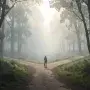 Person standing at a fork in a misty forest path, looking toward multiple directions
