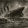Titanic sinking in the Atlantic Ocean with lifeboats escaping into the darkness