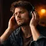 Caucasian man listening to a music